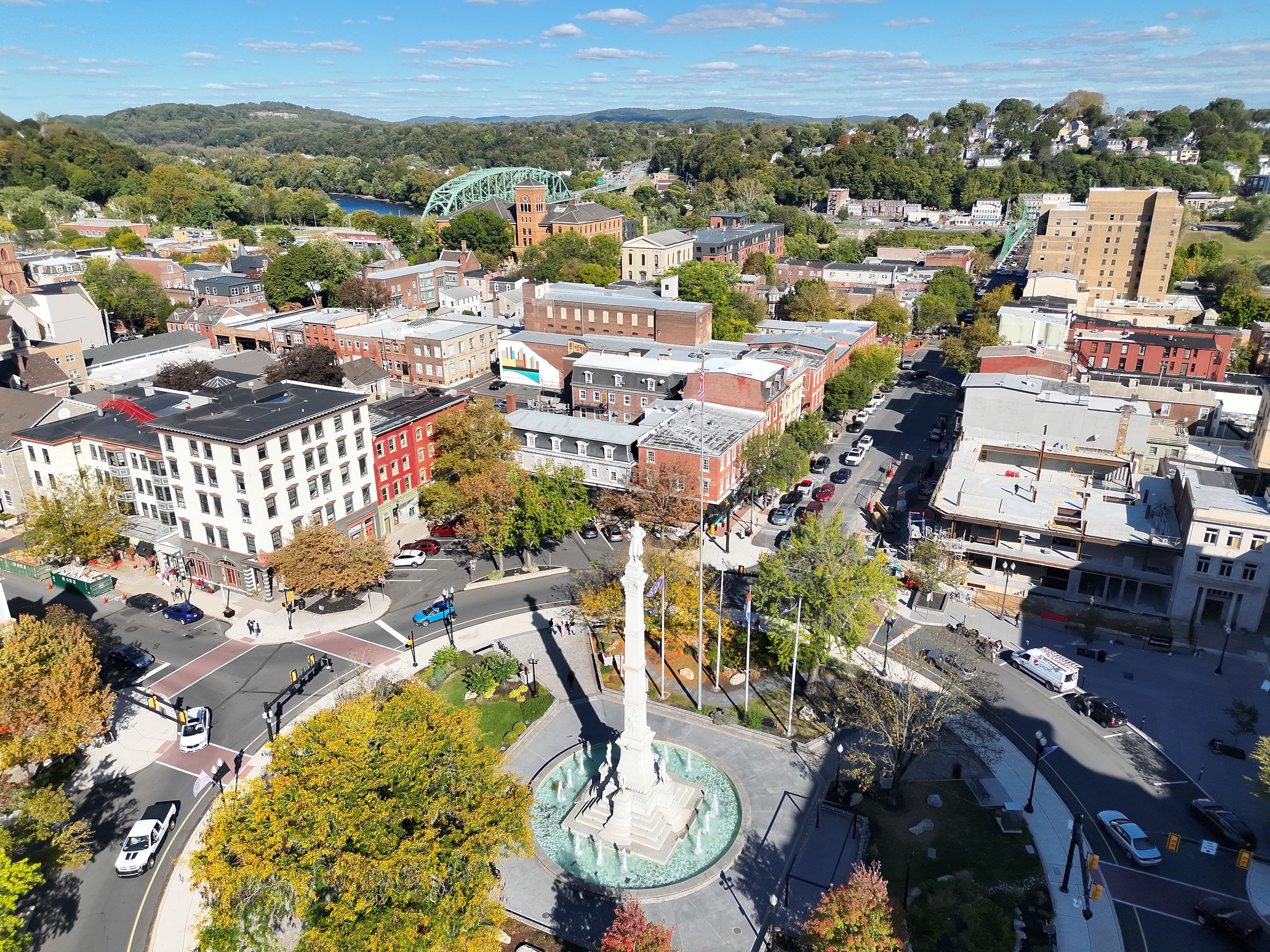 A aerial view of Centre Square in the fall
